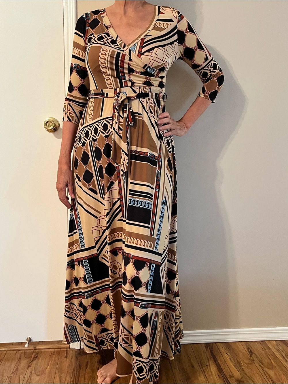 Womens Beige & Black Printed Maxi Dress